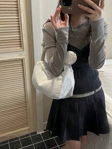 1件白色灯芯绒面料顺滑拉链字母装饰时尚休闲纯色简约春季新款独特斜肩女士手提包，适合女性日常使用 - 白色 - 查看 8