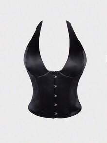 Satin Bustier Crop Top, Front Hook & Rear Tie-Up Backless Design, With Underwire For Waist Shaping, Suitable For Women To Wear At Music Festivals Summer - 黑色 - 查看 6