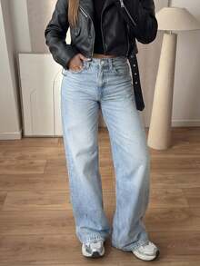 (Algodón Disponible) Vaqueros Rectos Sueltos de Estilo Vintage para Mujer, Pierna Recta, Casual Otoño - Lavado ligero - Ver 2