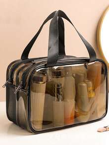 1pc Transparent PVC Cosmetic Bag, Travel Makeup Pouch, Brush Holder, Toiletry Bag, Handheld Wash Bag, Cosmetic Storage Bag, Beach Bag, Travel Essential - Brown - View 8