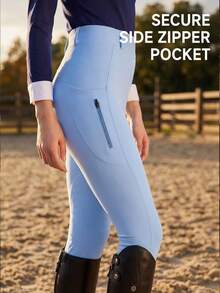 Quần legging cưỡi ngựa màu xanh da trời dành cho nữ, cạp trung, ôm dáng, có túi hai bên, chống ma sát, co giãn, thoáng khí, thấm hút mồ hôi, mềm mại và thoải mái, thích hợp cho các hoạt động thể thao cưỡi ngựa ngoài trời mùa xuân. - Màu xanh nhạt - Xem 4