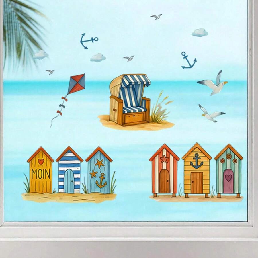 Hình dán cửa sổ và dán tường tự dính chủ đề Ngôi nhà mùa hè với chim mòng biển, diều hâu, mây, tạo bầu không khí tự do và dễ chịu, thích hợp cho phòng khách, phòng ngủ, trường học, văn phòng và phòng tắm. - A - Xem 1