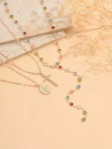 1pc Fashionable Elegant Virgin Mary Embossed Y-Shape Long Necklace, Vintage Religious Cross Pendant Sweater Chain For Women, Suitable For Daily Wear And Gatherings - Gold - 查看 6