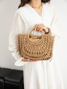 2件套新款时尚草编手提包，镂空沙滩包，大容量度假手提包 - 卡其色 - 查看 4