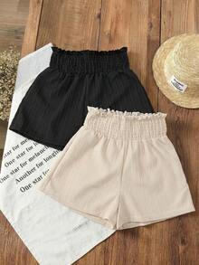 2pcs Girls Ruffled Elastic Waist Shorts, Children Casual Flowy Summer Shorts, Machine Washable - Black - View 3