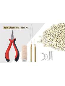 Hair Extension Tool Kit: 200pcs Silicone-Lined Micro Link Beads, 1pc 3-Hole Hair Clip, 1pc Sewing Thread, 1pc Threader, 1pc Pulling Hook, 8pcs Sewing Needles (Dark Brown/Black/Beige) Hair Extension Tools - Beige - View 8