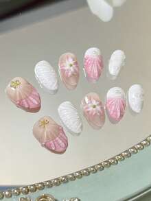 A Set Of 10 Short Almond-Shaped Delicate Wearable Nails Featuring Y2K Hand-Painted Three-Dimensional Shell Ocean Mermaid Tail Metal Stars And Golden Steel Ball Nail Decorations. These Stylish Nail Accessories Make Fingers Appear Longer And Exude An Elegant And Sophisticated Charm Suitable For All Seasons And High-End Fashion. Ideal For Music Festivals - Multicolor - View 3