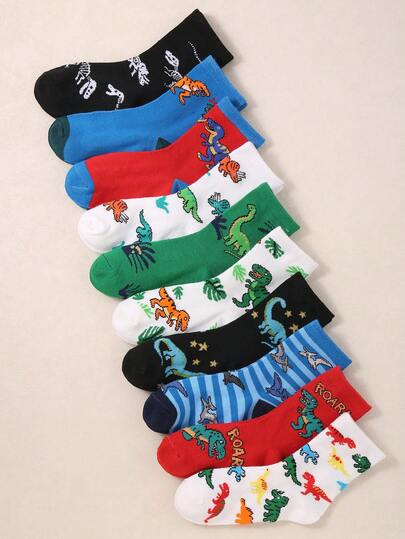 10双装儿童恐龙图案舒适透气休闲中筒袜，适合春秋季上学穿着
