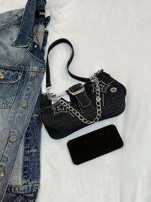 韩版极简星形牛仔腋下包，新款时尚小众新月形帆布手提包，个性化链条单肩包 - 黑色 - 查看 3