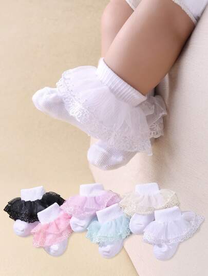 6/1 Pair Double-Layer Lace Mesh Princess Baby Socks, Girls' Lolita Ruffle Socks With Breathable Design, Super Soft & Stretchy, Suitable For 0-36 Months, Daily Wear And Wedding Season, Baby Socks, Girls' Socks, Princess Socks, Lace Socks, Ruffle Socks, Back To School Essential For Girls In Spring/Summer