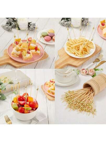 200/100/50/10pcs Fruit Skewers, Bamboo Picks, Flower Picks, Fruit Sticks, Creative Art Toothpicks, Cocktail Decorative Bamboo Sticks, Cake & Burger Art Forks - Suitable For Beverage Decoration, Desserts (Birthday, Wedding Party Supplies, Christmas Gifts), Appetizers, Drinks, Fruits, Snacks And Wedding Decoration | Fashionable Gold Bead Fruit Forks | Durable Bamboo Skewers For Fruit Platters, Etc.