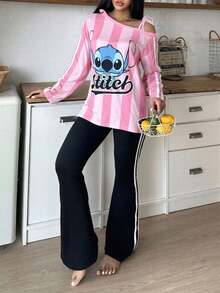 Disney Bộ áo thun và quần dài màu hồng của Stitch dành cho nữ, chất liệu co giãn, mềm mại, thoải mái, thanh lịch, lãng mạn, quyến rũ, thích hợp cho kỳ nghỉ xuân/thu. - Hồng - Xem 4