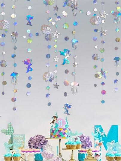 1pc Rainbow Mermaid Flower Crown Decor, With Jellyfish, Seashell, Faux Pearl Holographic Ribbon, Suitable For Rainbow Theme Birthday Party, Bachelorette Party, Ocean Theme Party Decoration