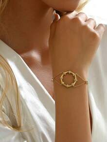 1件法式奢华圆形手链，镶嵌合成锆石，优雅百搭，适合女士日常、派对、聚会佩戴 - 金色 - 查看 2