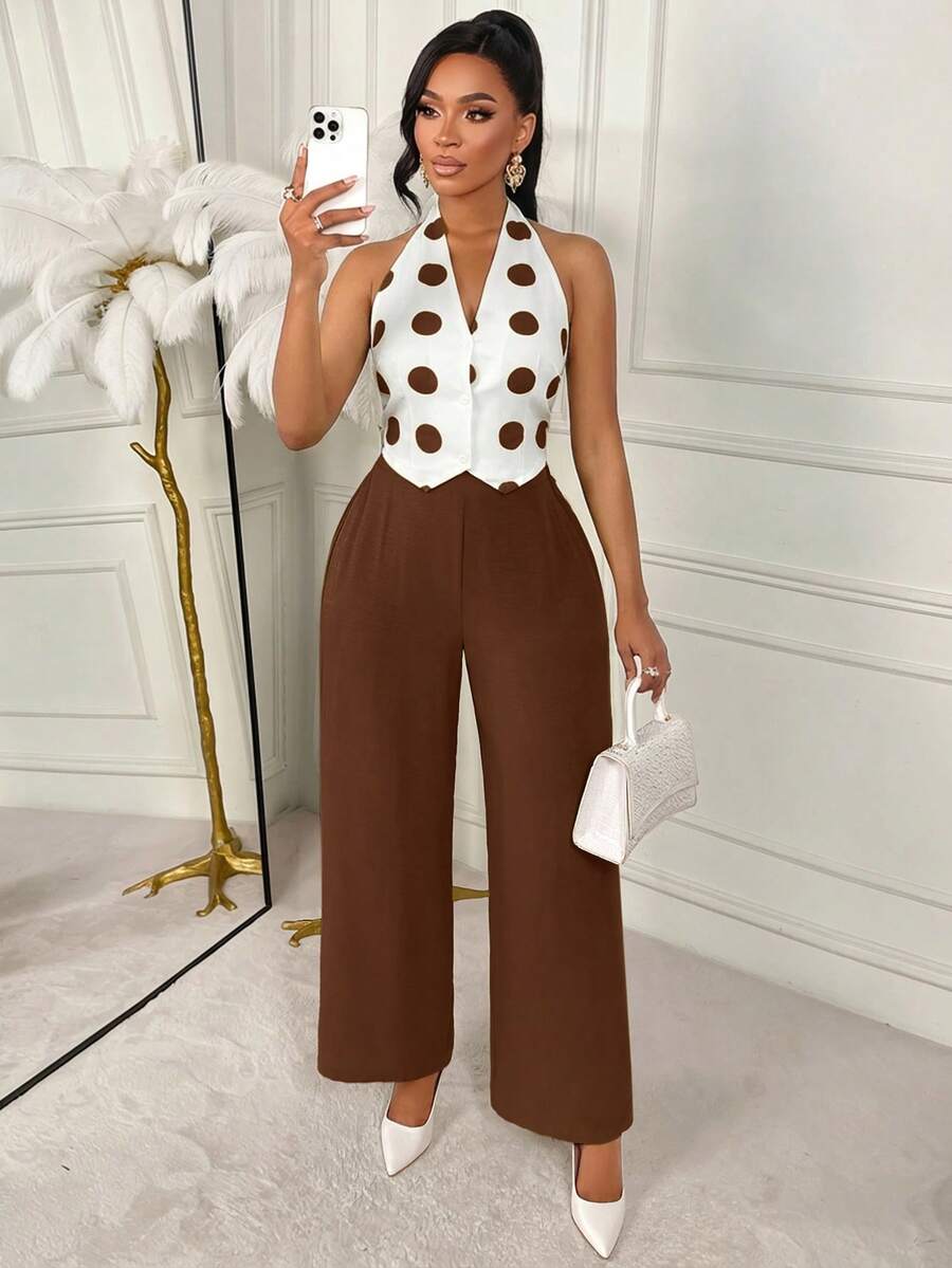 AIJ Amarilo 2026 Spring/Summer Women Green Polka Dot Camisole & Wide Leg Pants 2 Pieces Set - Brown - View 1