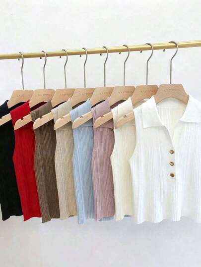 1件女士法式金色纽扣领针织无袖短款背心，女士假领背心，可单穿或作为内搭