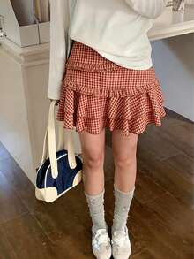 Chân váy kẻ caro cổ điển dành cho nữ, thiết kế mùa thu, viền xếp ly, dáng ôm, đa năng, màu đỏ. - Đỏ - Xem 2