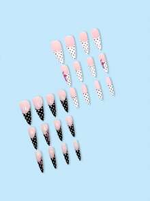 24片裸粉色黑白波点法式3D亚克力假指甲套装，配紫色花朵贴纸，包含1瓶甲油胶和1把指甲锉，适合女性和女孩，可用于派对和舞会美甲。 - 彩色 - 查看 3
