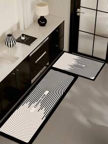 1 件硅胶厨房地垫，黑白渐变同心椭圆线图案，“COOKING NOW”字样印花，现代简约风格，适用于厨房、浴室、玄关、洗衣房、卧室、客厅装饰 - 彩色 - 查看 1