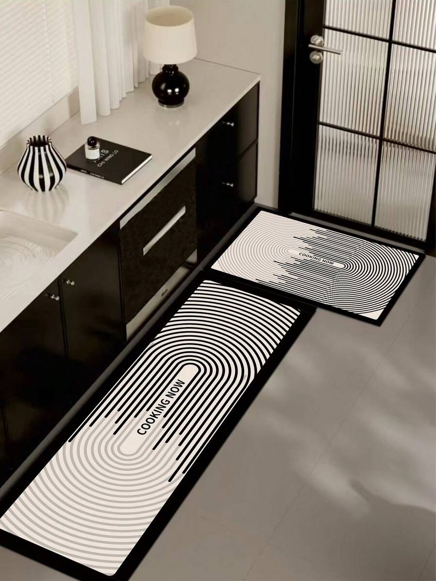 1 件硅胶厨房地垫，黑白渐变同心椭圆线图案，“COOKING NOW”字样印花，现代简约风格，适用于厨房、浴室、玄关、洗衣房、卧室、客厅装饰 - 彩色 - 查看 1