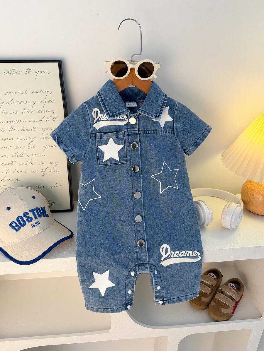 1 bộ áo liền quần denim phong cách retro cho bé trai 0-3 tuổi, thích hợp cho mùa hè. - Màu xanh bụi bặm - Xem 1
