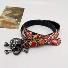 哥特风水钻骷髅头扣腰带 - 红色涂鸦朋克风腰带，适合街头风和派对场合 - 紅色 - 查看 6