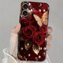 亮片、水钻红玫瑰、水钻蝴蝶、金叶仿珍珠透明手机壳 - 奢华柔软TPU防震保护套，适用于 17、16、15、14、13、12、11 Pro Max、16、15、14 Plus、13、12 Mini、X、XS Max、XR、8、7 Plus - 無色 - 查看 4