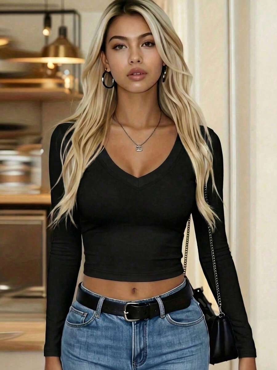 Áo thun nữ tay dài cổ tròn, kiểu dáng thường ngày, thích hợp cho mùa xuân, thu và đông, dịp Lễ Tình nhân/mùa tựu trường, màu đen.