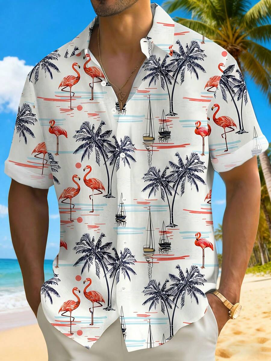Áo sơ mi nam kiểu Hawaii, áo tay ngắn in hình hoa hồng hạc, cây cọ và thuyền buồm, thoáng khí, thích hợp cho kỳ nghỉ hè ở bãi biển. - Nhiều màu - Xem 1