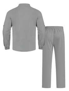 1 Conjunto de ropa de verano holgada y ligera para hombre: Camisa de manga larga con botones y cuello, color azul claro + Pantalones de pierna recta (Nota: La tela de lino puede arrugarse fácilmente y tener una ligera transparencia, por favor considérelo antes de comprar. Consulte la tabla de tallas en los detalles) - Gris Claro - Ver 3