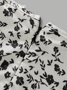 女士优雅小碎花扭结前襟长连衣裙，春夏休闲荷叶袖V领开衩长裙，百搭显瘦，适合日常街头风、度假、复活节等优雅场合 - 彩色 - 查看 9