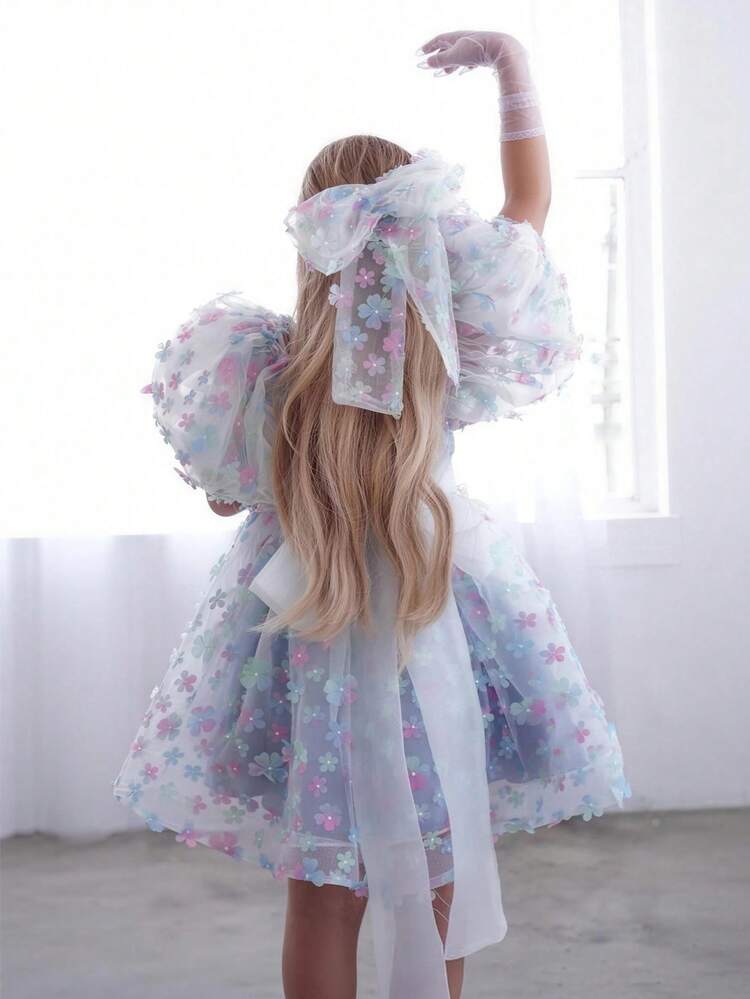 Vestido de fiesta azul con mangas de pétalos florales 3D para niña, vestido de princesa adecuado para niñas, fiesta de cumpleaños, banquete, baile de graduación, vestido de dama de honor, ceremonia de graduación, atuendo de primavera - Celeste - Añade 6