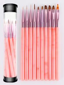 10 pièces Set de pinceaux à ongles avec tube de rangement, manches en marbre vert jade et rose. Outils de nail art pour gel, détails, liner et application acrylique - Multicolore - Voir 12
