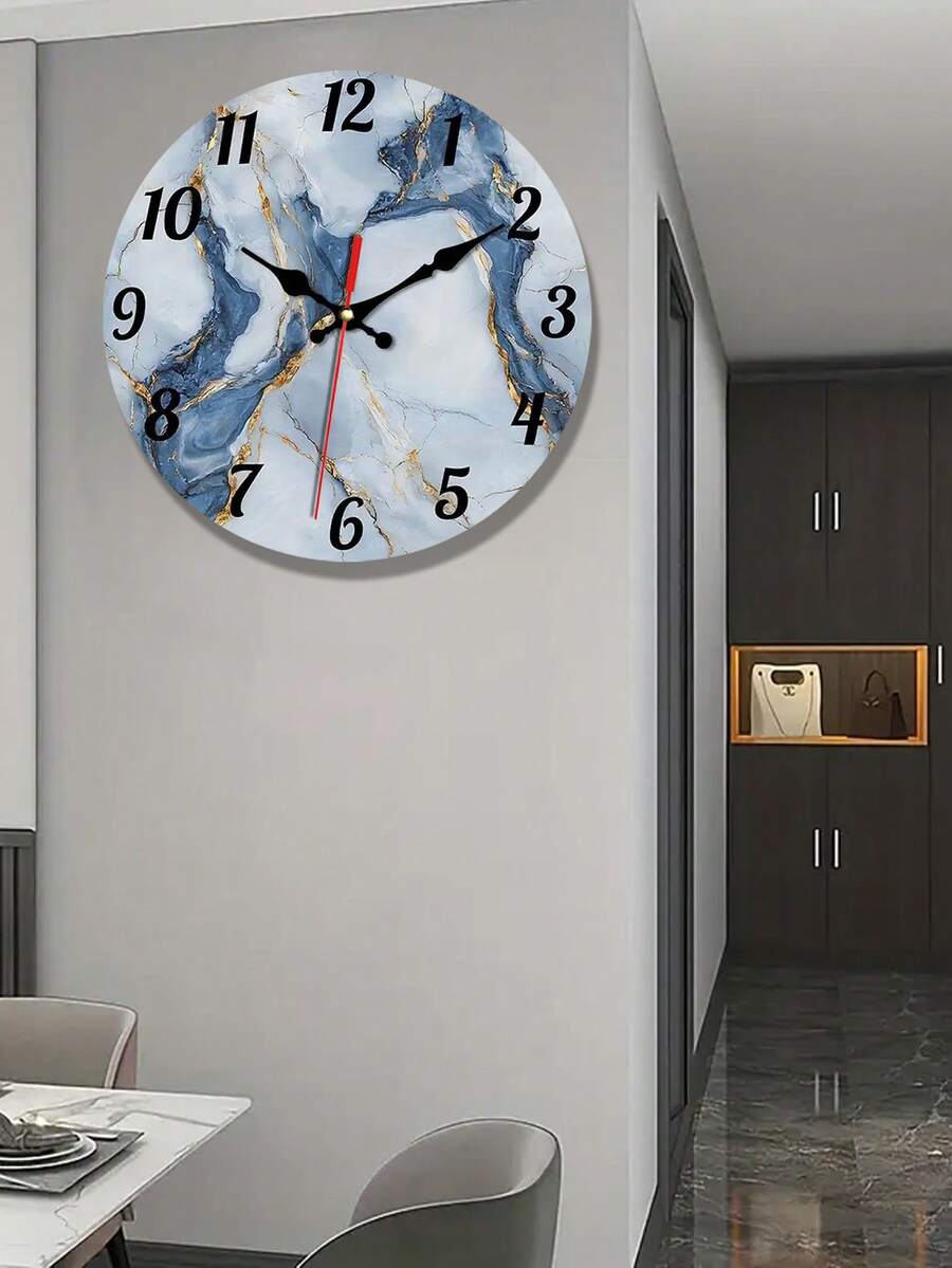 Đồng hồ treo tường hiện đại hình tròn, kích thước 10 inch/12 inch, chất liệu gỗ, họa tiết vân đá cẩm thạch trừu tượng, không gây tiếng tích tắc, màu xanh dương và vàng, chạy bằng pin (AA), thích hợp cho nhà bếp, phòng ngủ, phòng khách, cầu thang, phòng giặt. - A - Xem 1