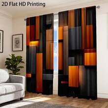 2pcs Modern Abstract Black & Orange Curtains - Light-Filtering Opaque Window Drapes With 3D Rectangular Blocks Design, Machine Washable Polyester , Window Curtain Panels For Bedroom Living Room Home Decor - 2pcs - View 7