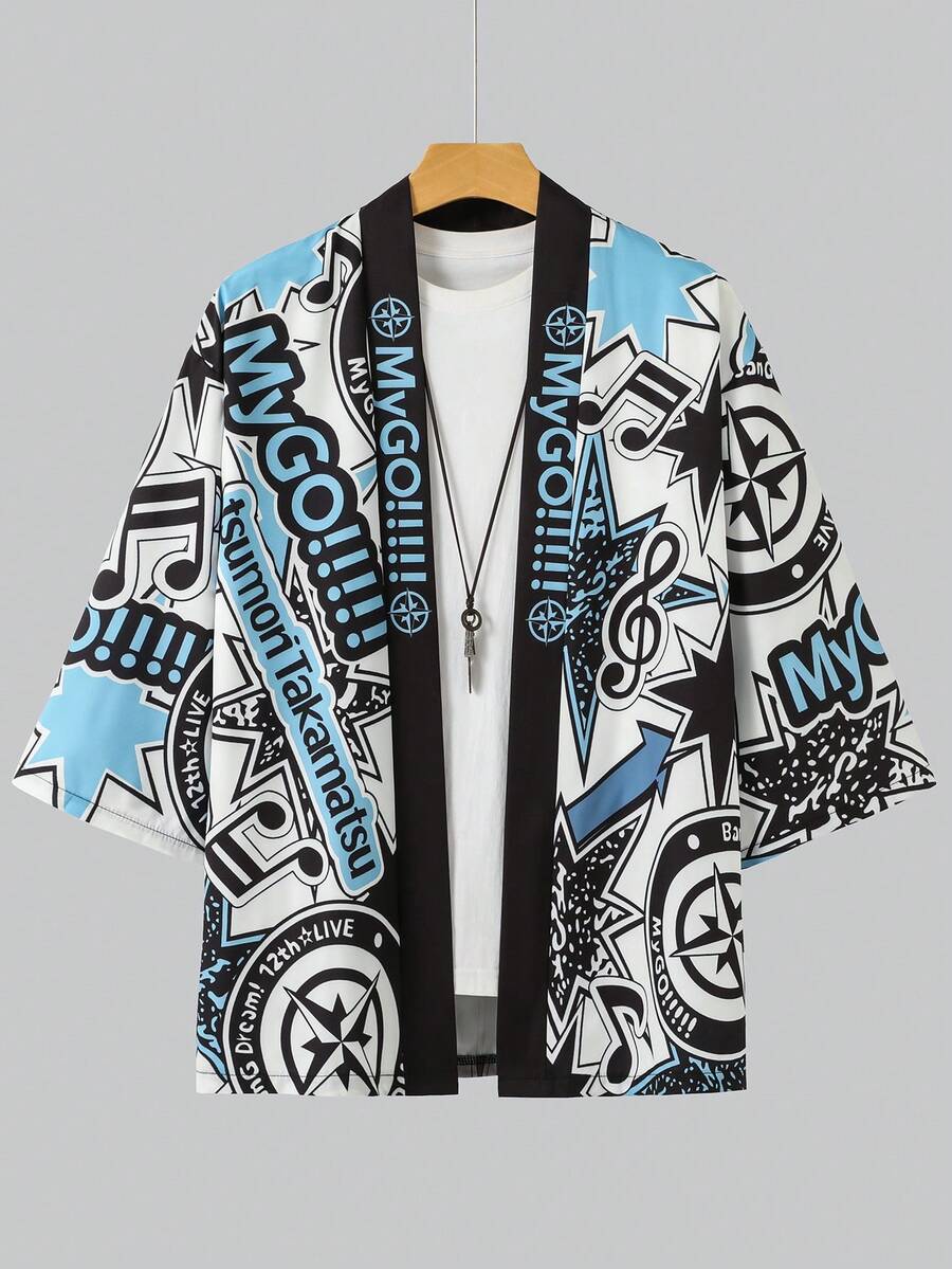 动漫主题印花七分袖开衫，和服式轻薄外套，防紫外线外衣 - 彩色 - 查看 1