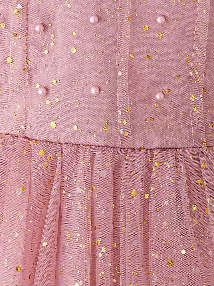 Đầm dạ hội/phù dâu thanh lịch cho bé gái tuổi teen, đầm dự tiệc sinh nhật đính sequin lưới thời trang, đầm tốt nghiệp, đầm giả ngọc trai. - Hồng - Xem 6