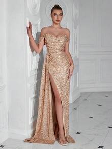 Women's 2026 Sequin Tulle Off Shoulder Floor Length Formal Evening Gown, Elegant Dress For Wedding Guest, Prom & Party - 香檳色 - 查看 8