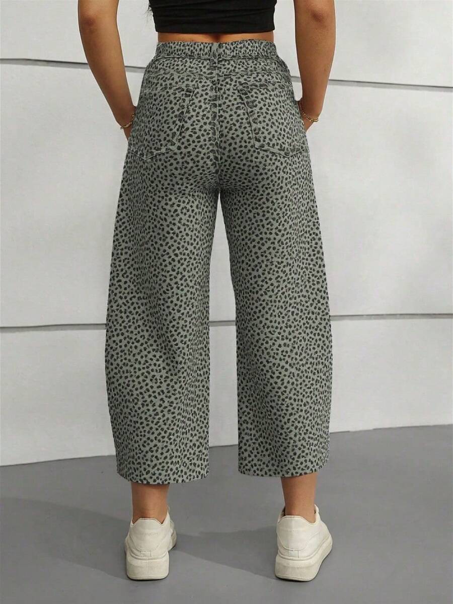 Jeans a palloncino con stampa leopardata curva, gamba ampia, 25 yard, stile Natale e Ognissanti - Jeans corti ampi - Verde Scuro - Visualizzare 1