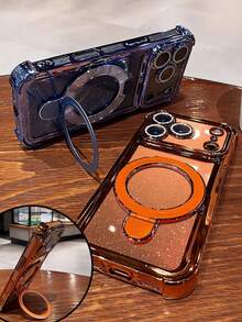 Luxury CD Texture Bracket Electroplated Magnetic Protective Case Compatible With IPhone 17 Pro Max 17 Pro 17 Air 17 16 15 14 13 12 Pro Max 11 Phone Case Wireless Charge Cover Shockproof With Lens Protector - Blue - View 5