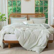 Sage Green Queen Size Comforter Set Striped 100% Soft Washed Microfiber Jacquard 3 Pieces Striped Bedding Sets Green White Comforter Queen for All Seasons and 2 Pillowcases Comfort Breathable - Rayas verde salvia - Ver 4