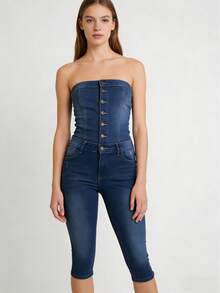 Summer Essential Stretchy Denim Capris – Women's High-Waist Distressed Slim Jeans - 深色水洗藍 - 查看 8