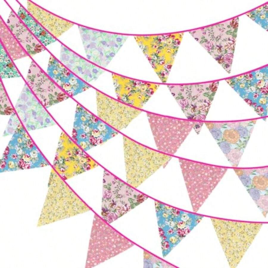 MG2PLUS 39Ft Triangle Bunting Banner Floral Cotton Pennant Banner 42pcs Reusable Vintage Fabric Triangle Flags For Wedding Birthday Tea Party Shabby Chic Garden DecorationsN - 混合色 - 查看 1
