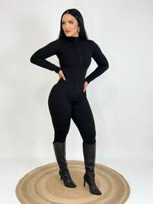 Elegant Women's Virginia Jumpsuit, Seersucker Fabric, With Zipper, Long Sleeves, Suitable For Winter And All Seasons. - 黑色 - 查看 2