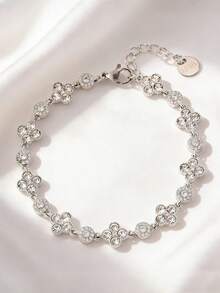 18K Gold/Silver Plated Full Diamond Four-Leaf Clover Bracelet, Bohemian Style Golden Summer Beach Vacation Stainless Steel Delicate Adjustable Chain Bracelet For Women - Gold - View 5