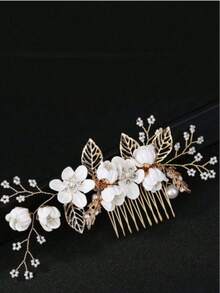 1pc Women's Handmade Golden Thread Light Green Flower & Pearl Hair Comb Accessory,Summer,Beach,Wedding - Green - View 5