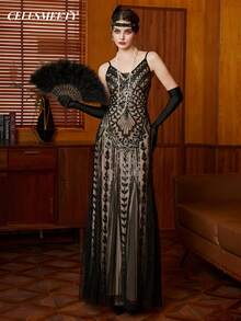 Đầm slip cổ chữ V đính sequin kiểu vintage thập niên 1920, thanh lịch cho các bữa tiệc và sự kiện trang trọng, đám cưới, màu đen. - màu đen - Xem 6