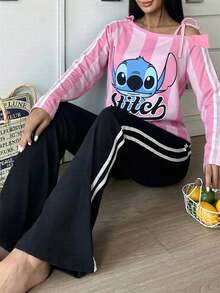 Disney Bộ áo thun và quần dài màu hồng của Stitch dành cho nữ, chất liệu co giãn, mềm mại, thoải mái, thanh lịch, lãng mạn, quyến rũ, thích hợp cho kỳ nghỉ xuân/thu. - Hồng - Xem 1