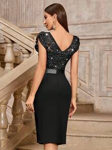 MIUSOL Elegant Sequin Lace Puff Sleeve Ruched Split Thigh Cocktail Party Bodycon Dress,Semi Formal Women Dress,For Wedding Guest, Graduation, Dinner - Black - View 3