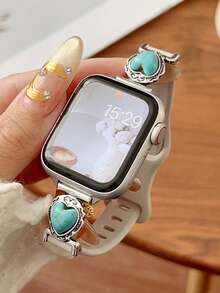 1條復古心形綠松石拼接矽膠錶帶，適用於Apple Watch 38mm 40mm 41mm 42mm 44mm 45mm 49mm，女款波希米亞風手鍊錶帶，適用於 Series 11 Ultra 3 SE3 Ultra 2 S10 SE2 9 8 7 SE 6 5 4 3 2 1 - 杏色 - 查看 3